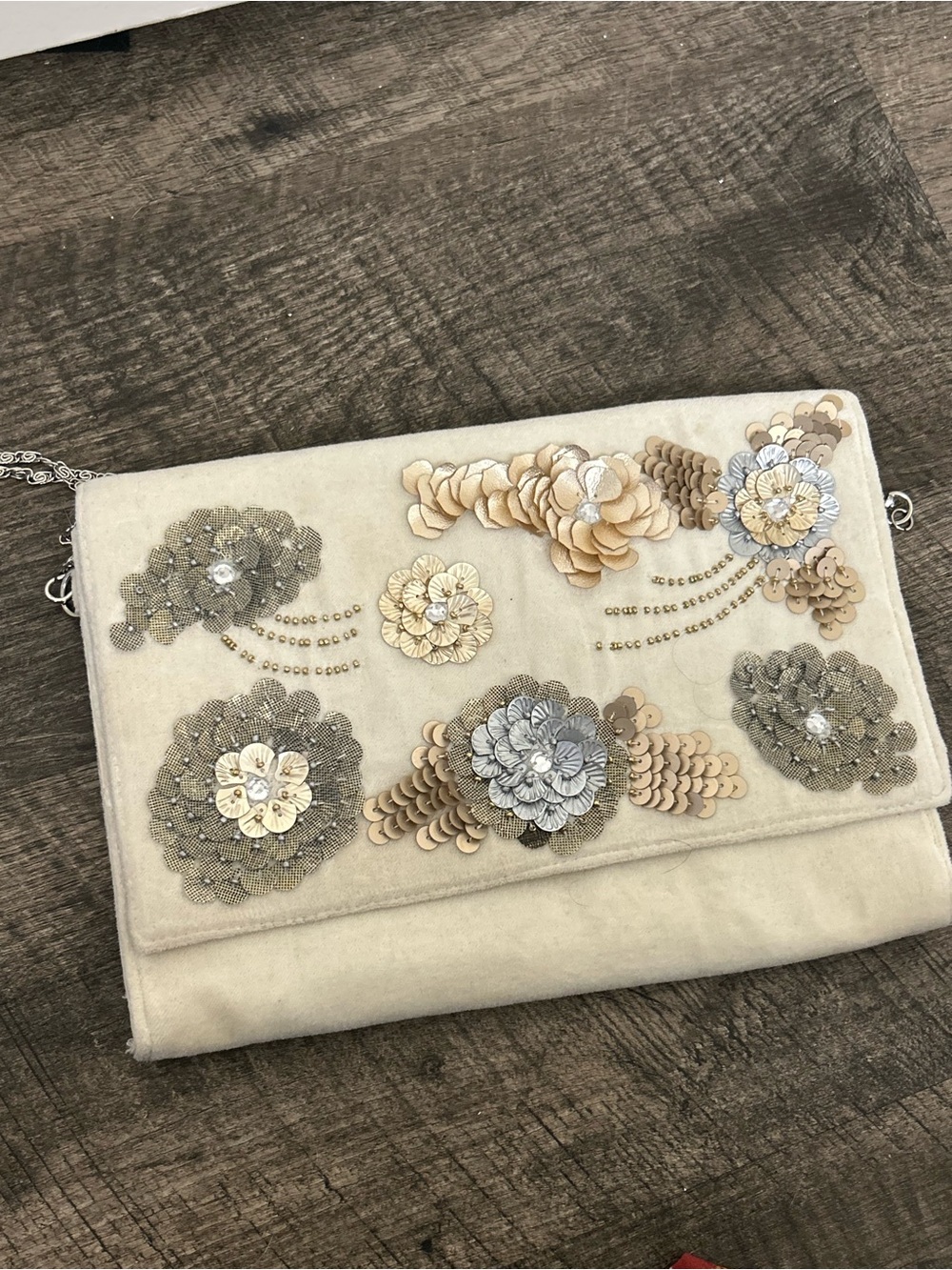 Embellished Floral Clutch Bag - Cream